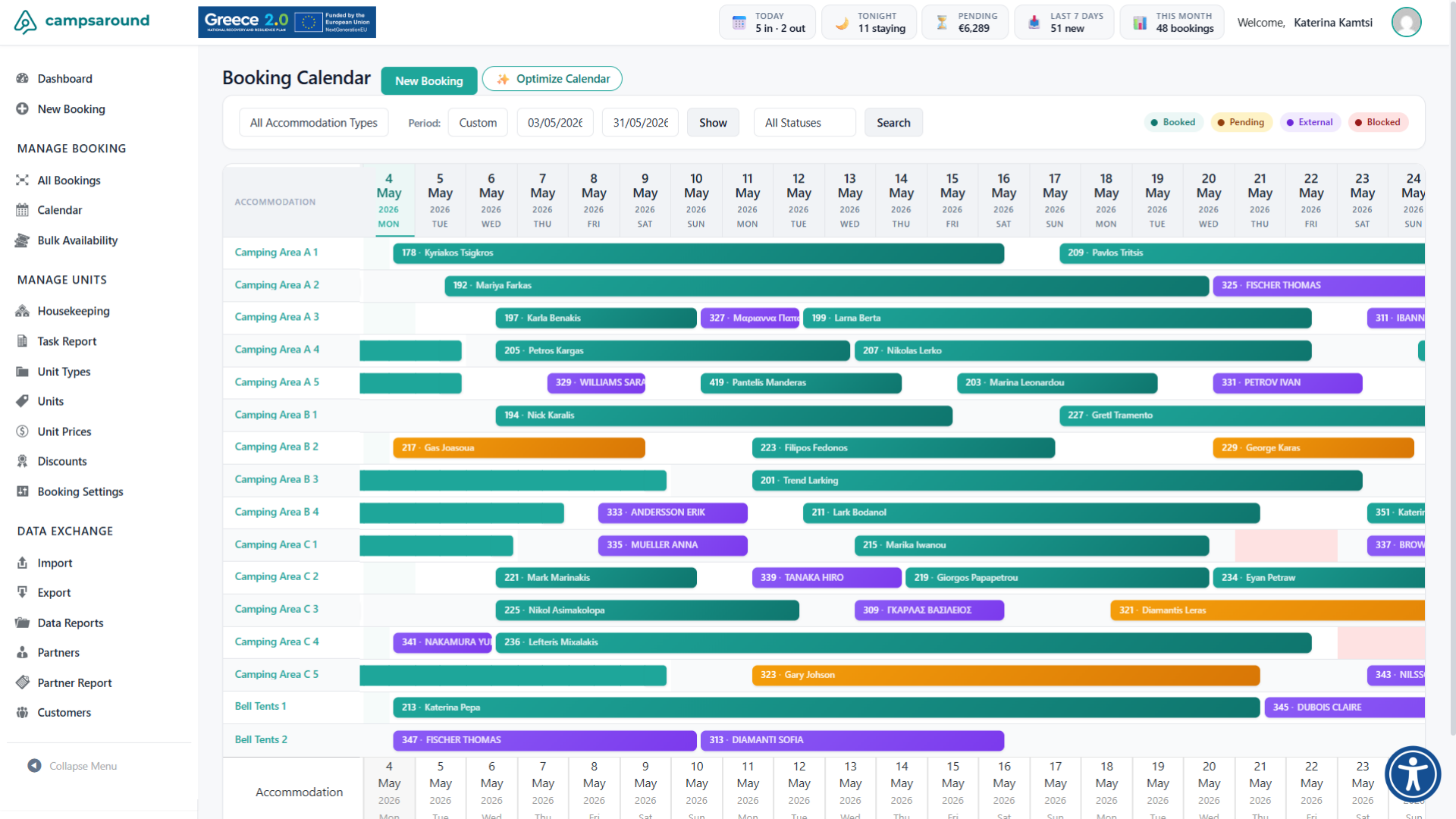 Bulk Availability Matrix — screenshot από το CampsAround PMS